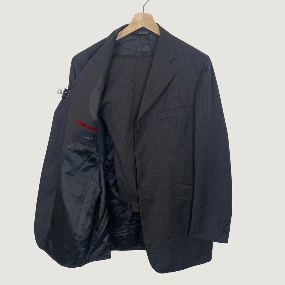 Tombolini Wool 2 piece Suit Charcoal Grey Windowpane 44R 36 waist Italy